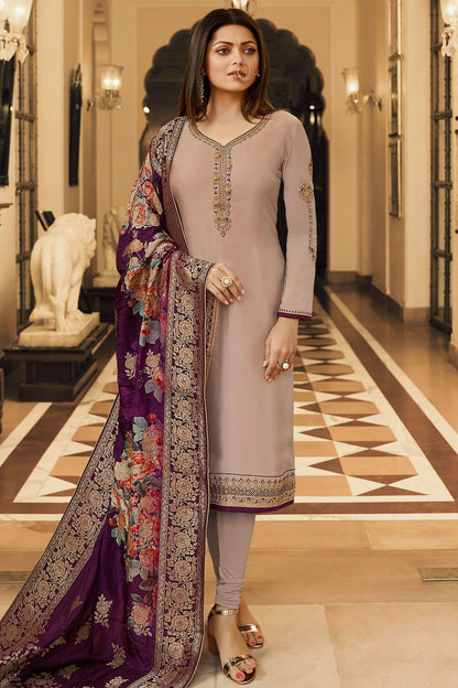 Grey and Purple Georgette Casual Straight Suit