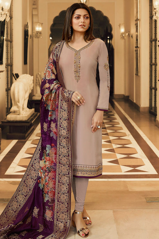 Grey and Purple Georgette Casual Straight Suit