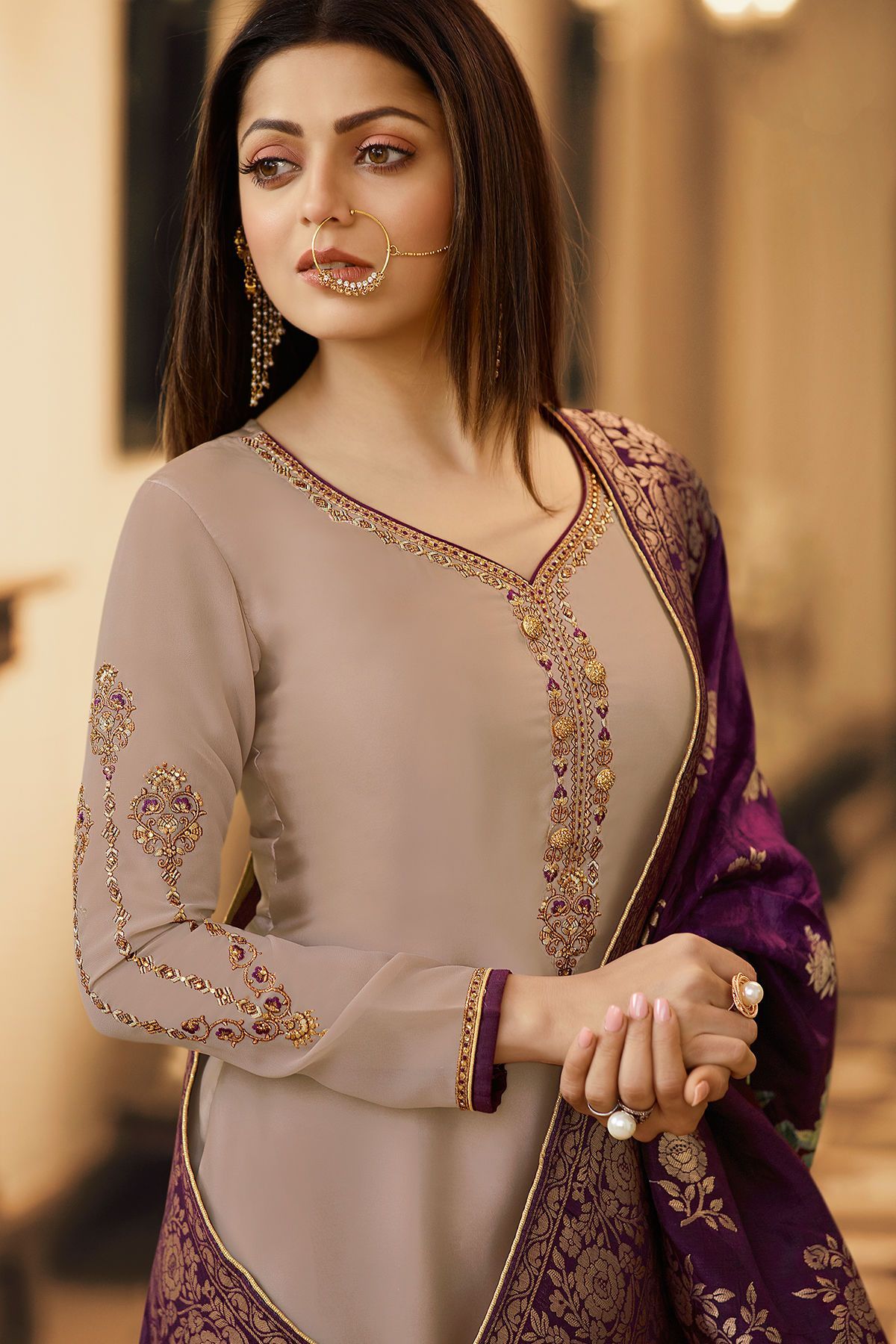 Grey and Purple Georgette Casual Straight Suit