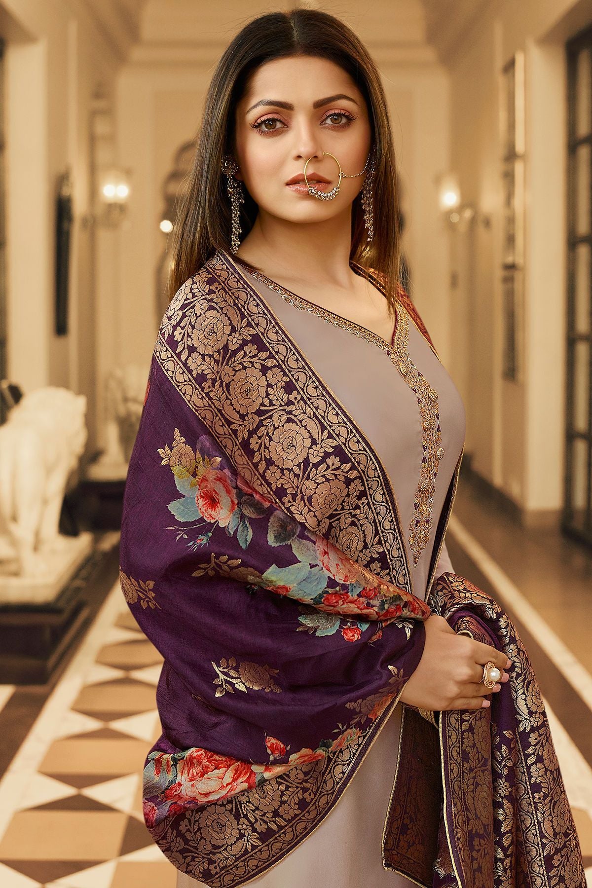 Grey and Purple Georgette Casual Straight Suit
