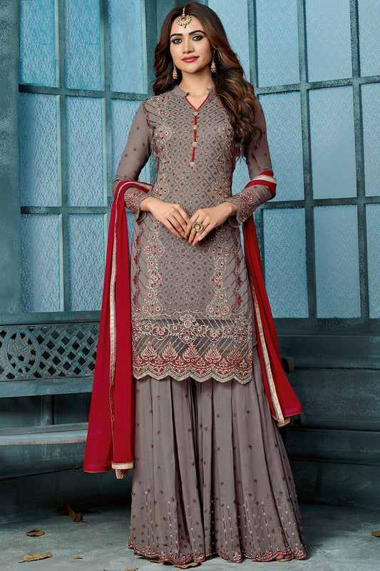 Grey And Red Embroidered Palazzo Suit