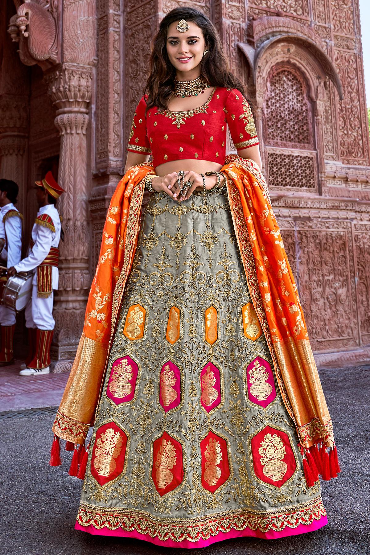 Grey and Red Wedding Lehenga Choli Set