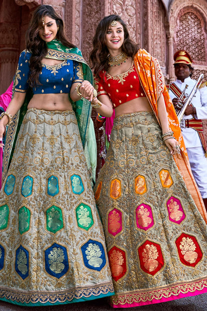 Grey and Red Wedding Lehenga Choli Set