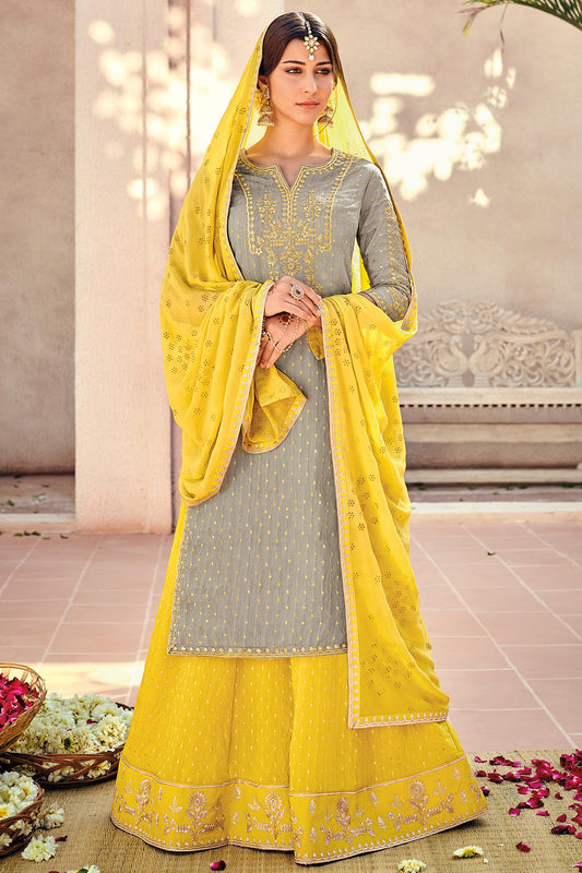 Grey And Yellow Designer Palazzo Suit