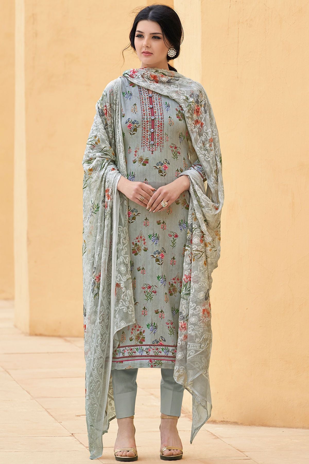 Grey Cotton Casual Straight Suit