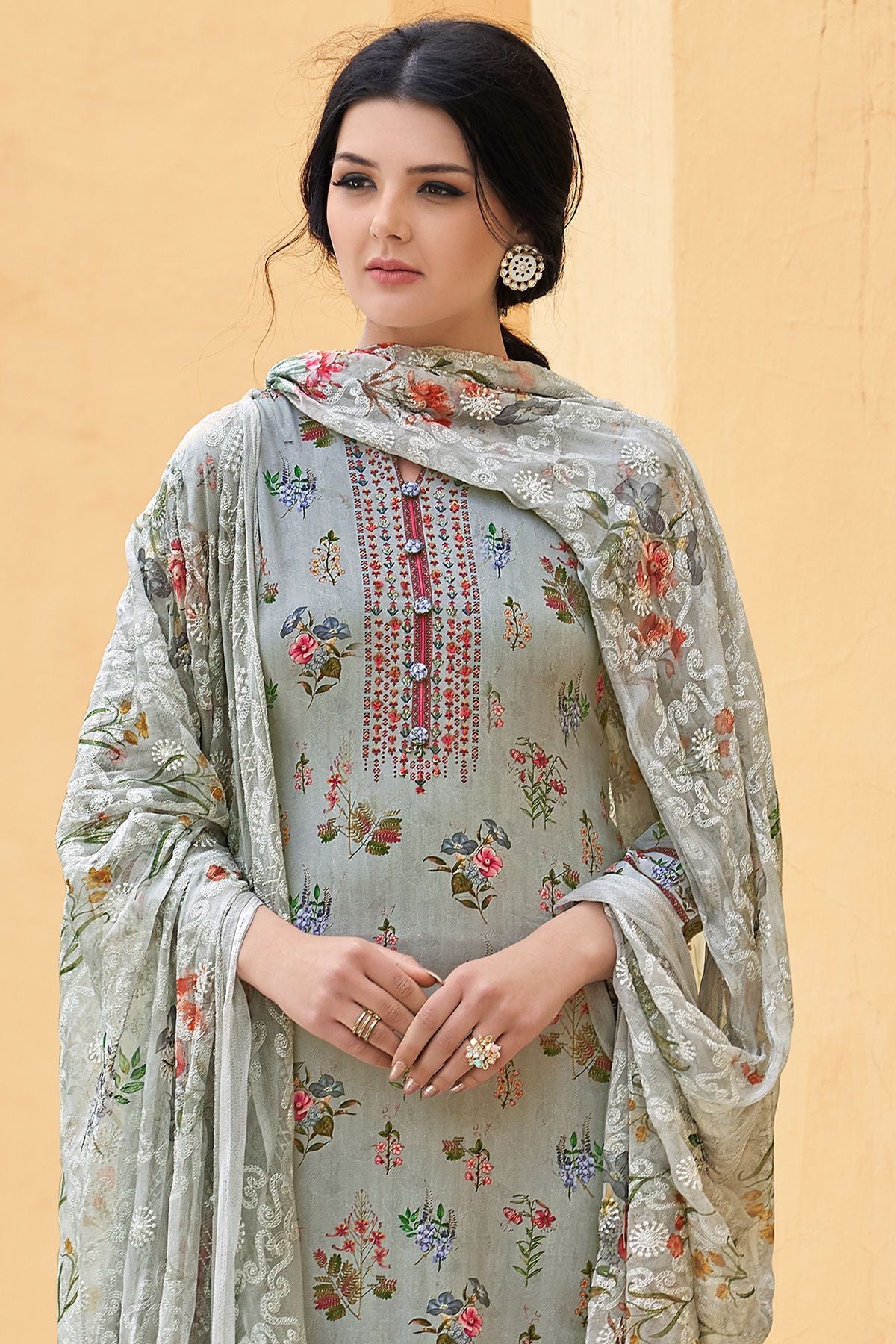 Grey Cotton Casual Straight Suit