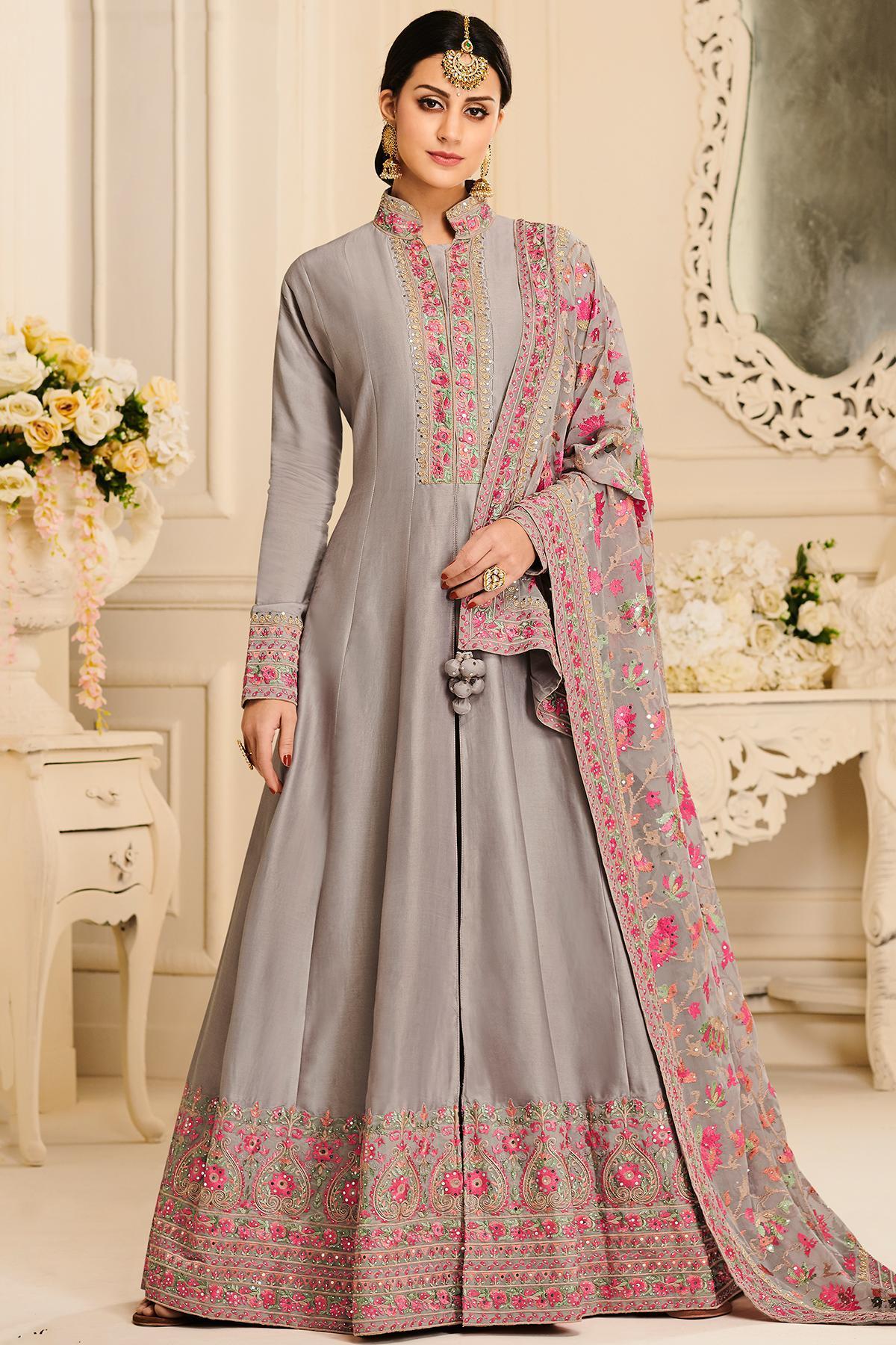 Grey Designer Embroidered Silk Anarkali Suit