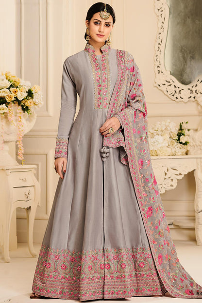 Grey Designer Embroidered Silk Anarkali Suit