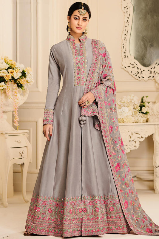 Grey Designer Embroidered Silk Anarkali Suit