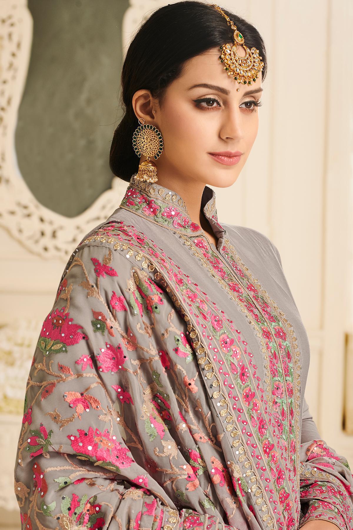 Grey Designer Embroidered Silk Anarkali Suit
