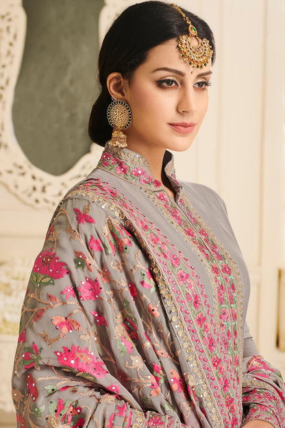 Grey Designer Embroidered Silk Anarkali Suit