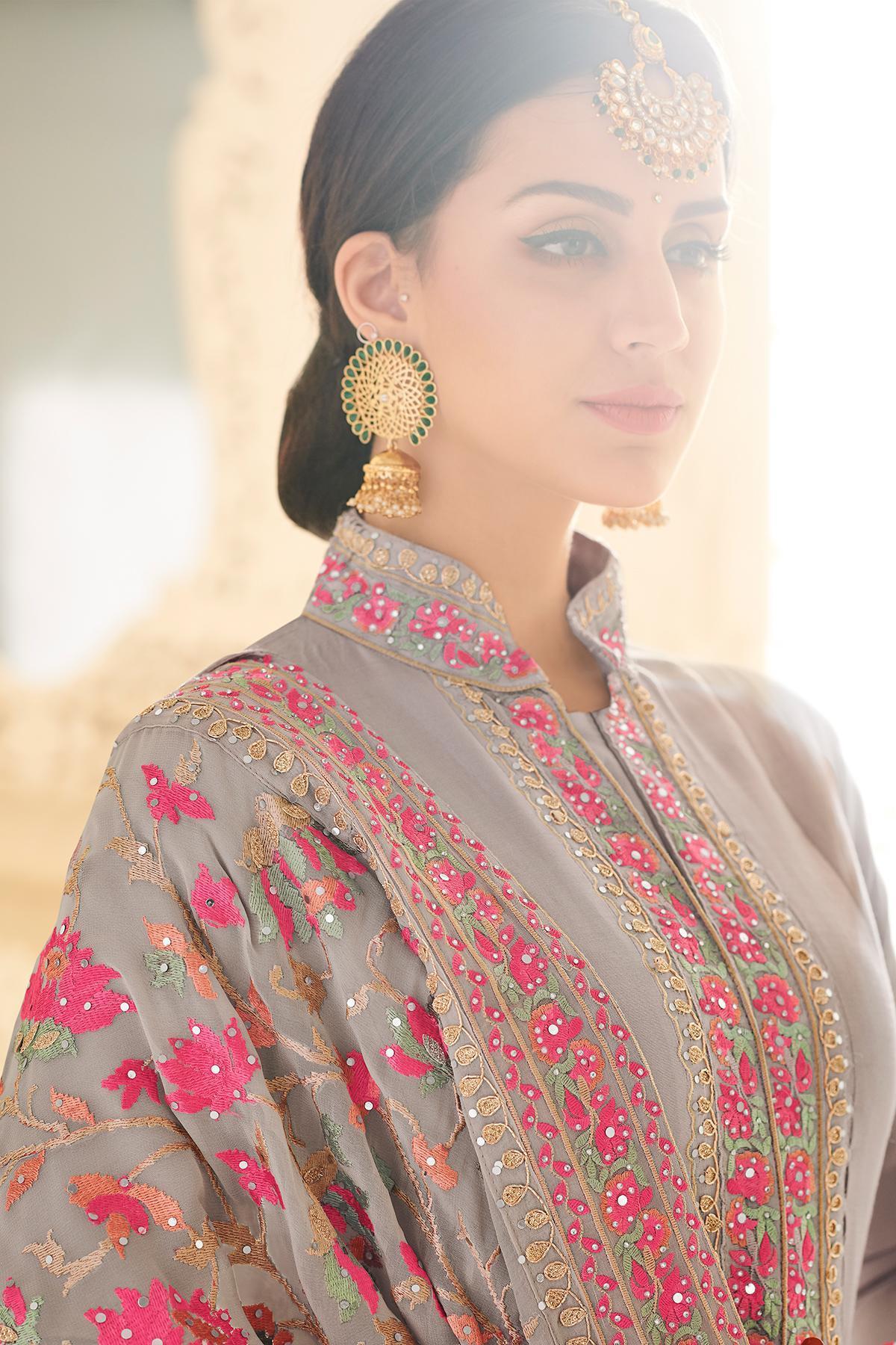 Grey Designer Embroidered Silk Anarkali Suit