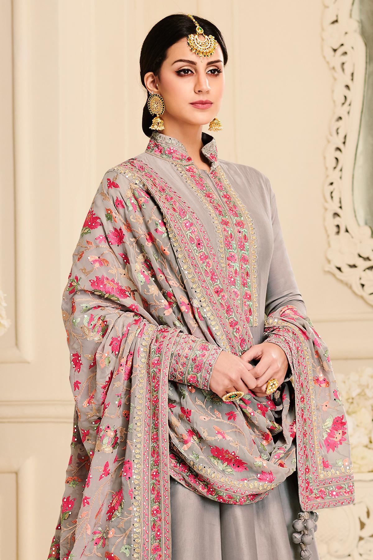 Grey Designer Embroidered Silk Anarkali Suit