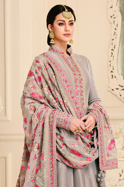Grey Designer Embroidered Silk Anarkali Suit
