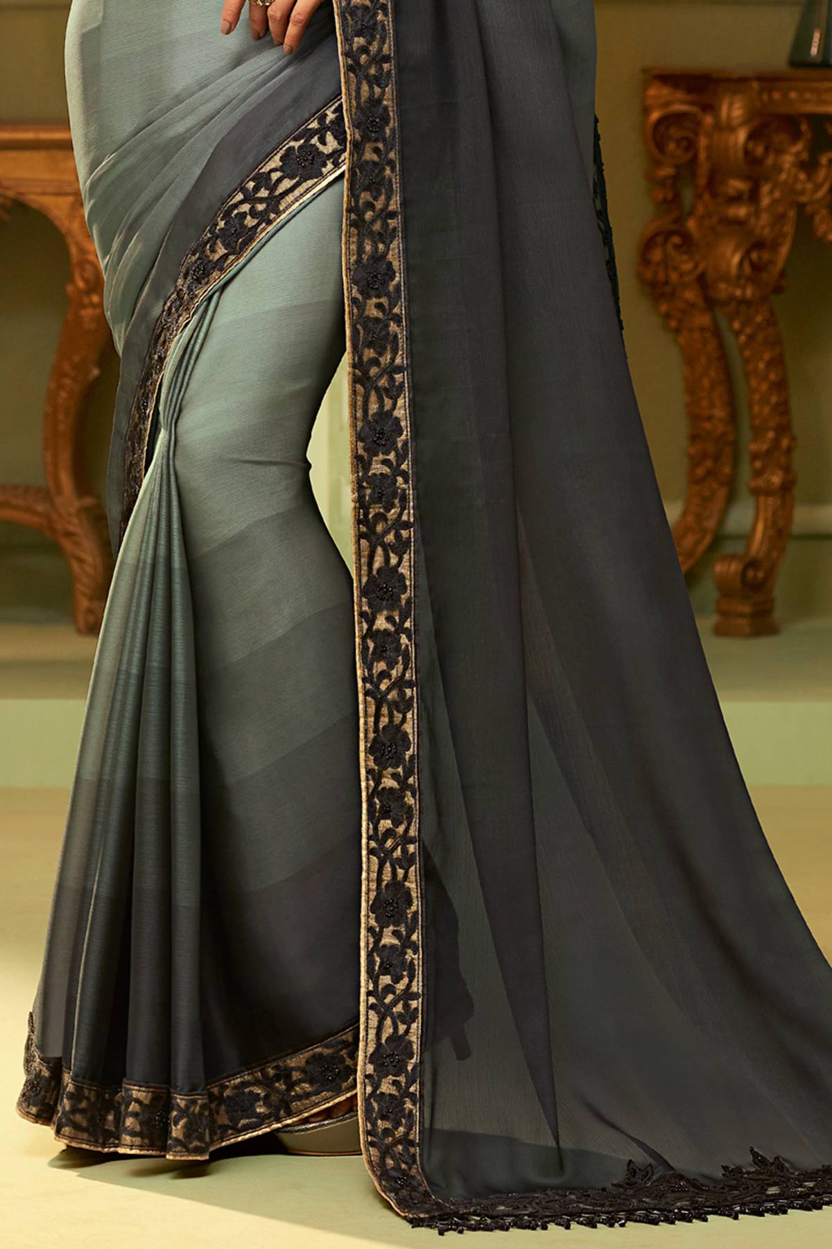 Grey Designer Embroidered Silk Sari