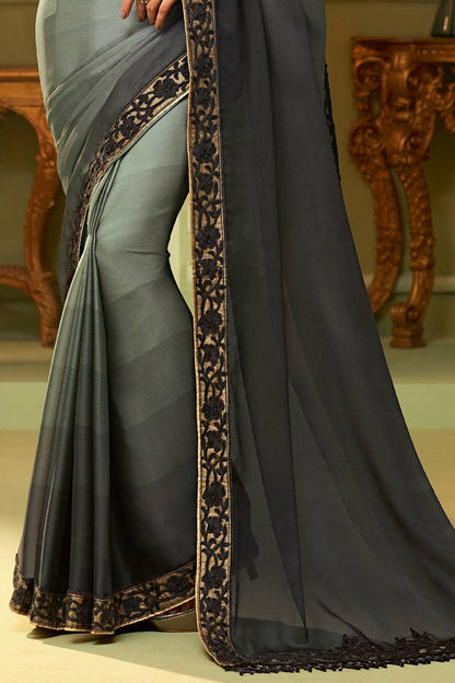 Grey Designer Embroidered Silk Sari