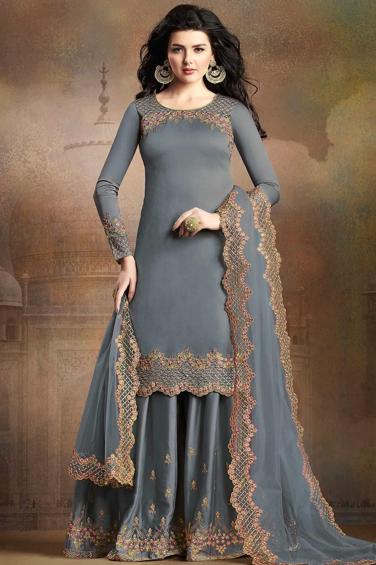 Grey Designer Embroidered Silk Sharara Suit
