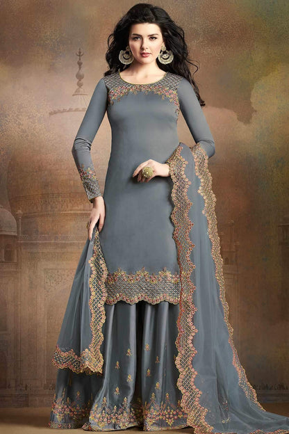 Grey Designer Embroidered Silk Sharara Suit