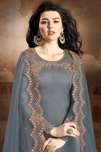 Grey Designer Embroidered Silk Sharara Suit