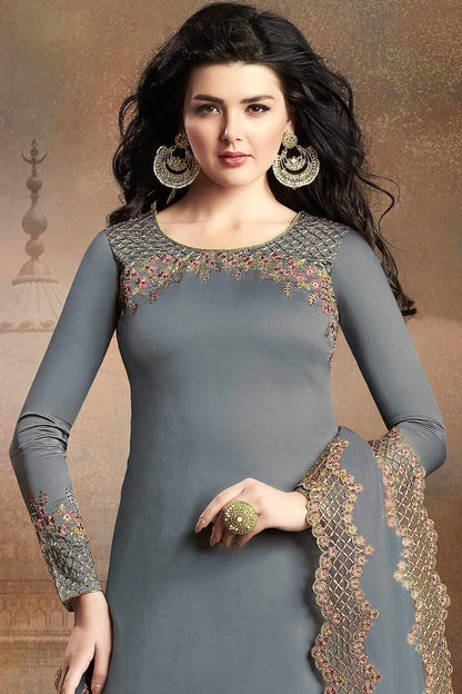 Grey Designer Embroidered Silk Sharara Suit