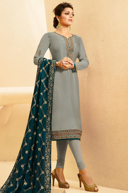Grey Designer Embroidered Straight Suit