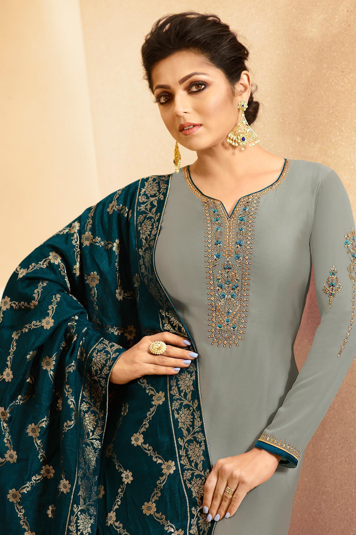 Grey Designer Embroidered Straight Suit