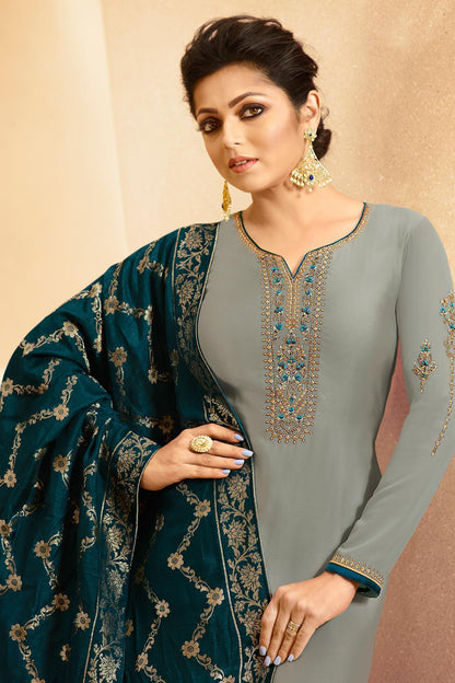 Grey Designer Embroidered Straight Suit