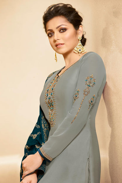 Grey Designer Embroidered Straight Suit