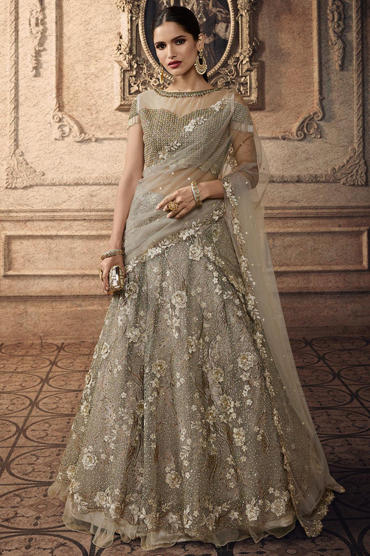 Grey Designer Net Lehenga Choli Set