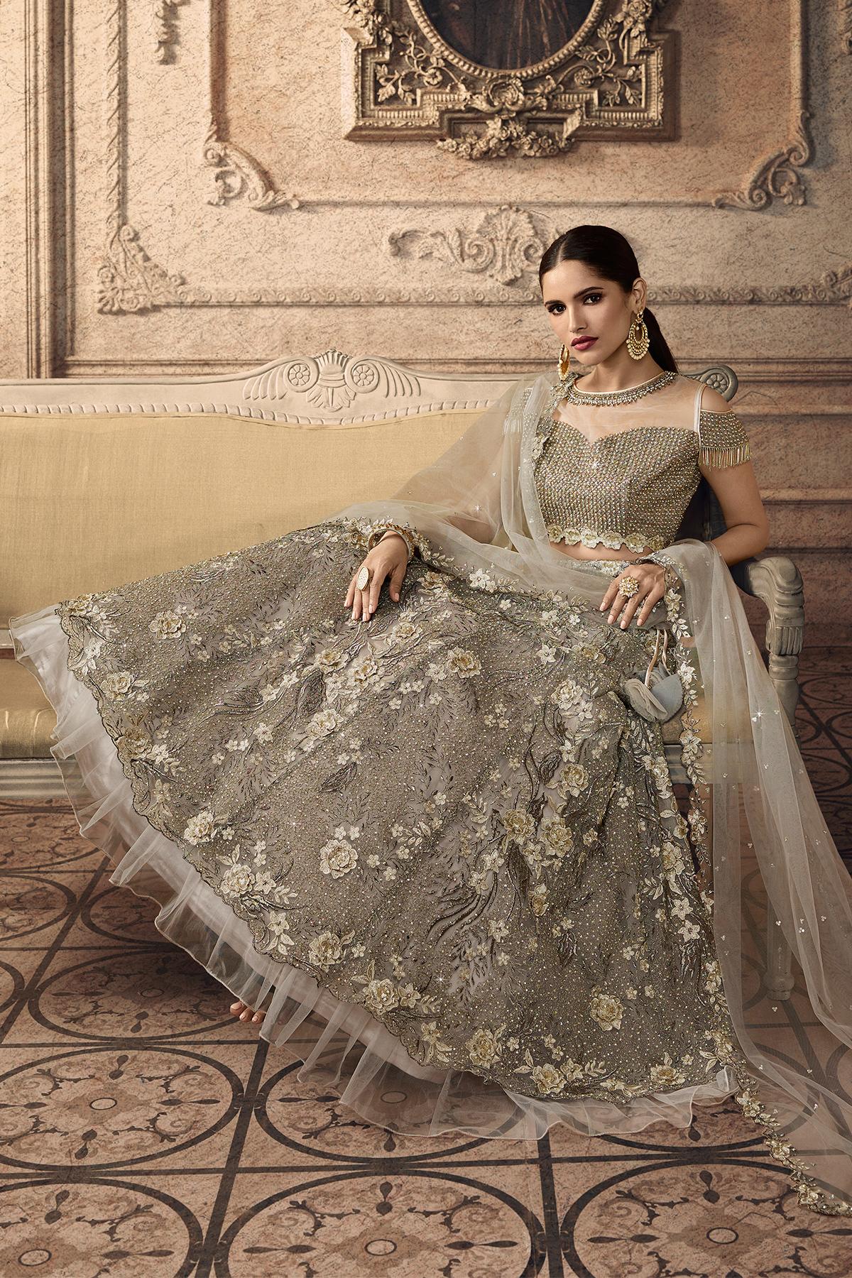 Grey Designer Net Lehenga Choli Set