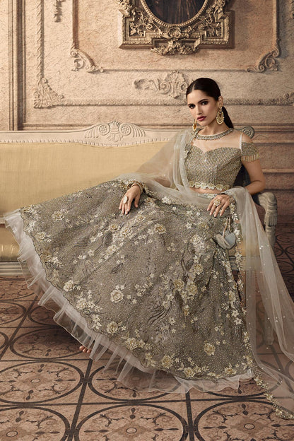 Grey Designer Net Lehenga Choli Set