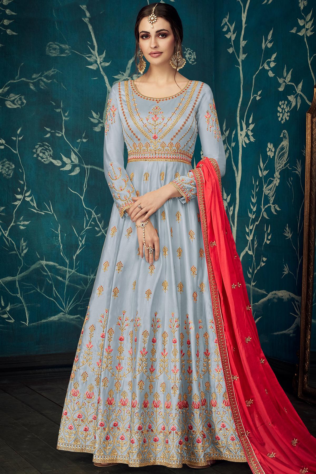 Grey Designer Satin Silk Anarkali Suit