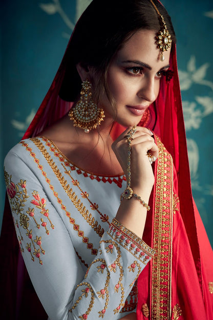 Grey Designer Satin Silk Anarkali Suit