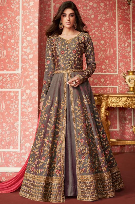 Grey Designer Slit Cut Anarkali Suit