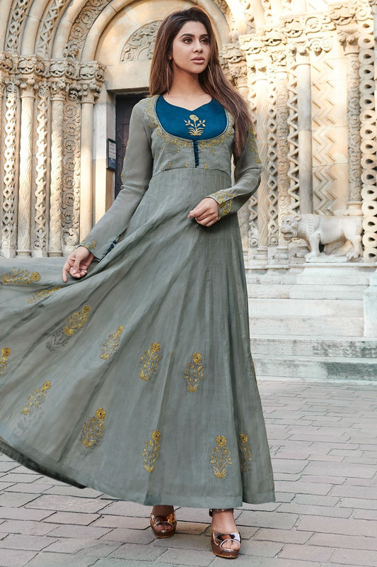 Grey Embroidered Designer Silk Gown