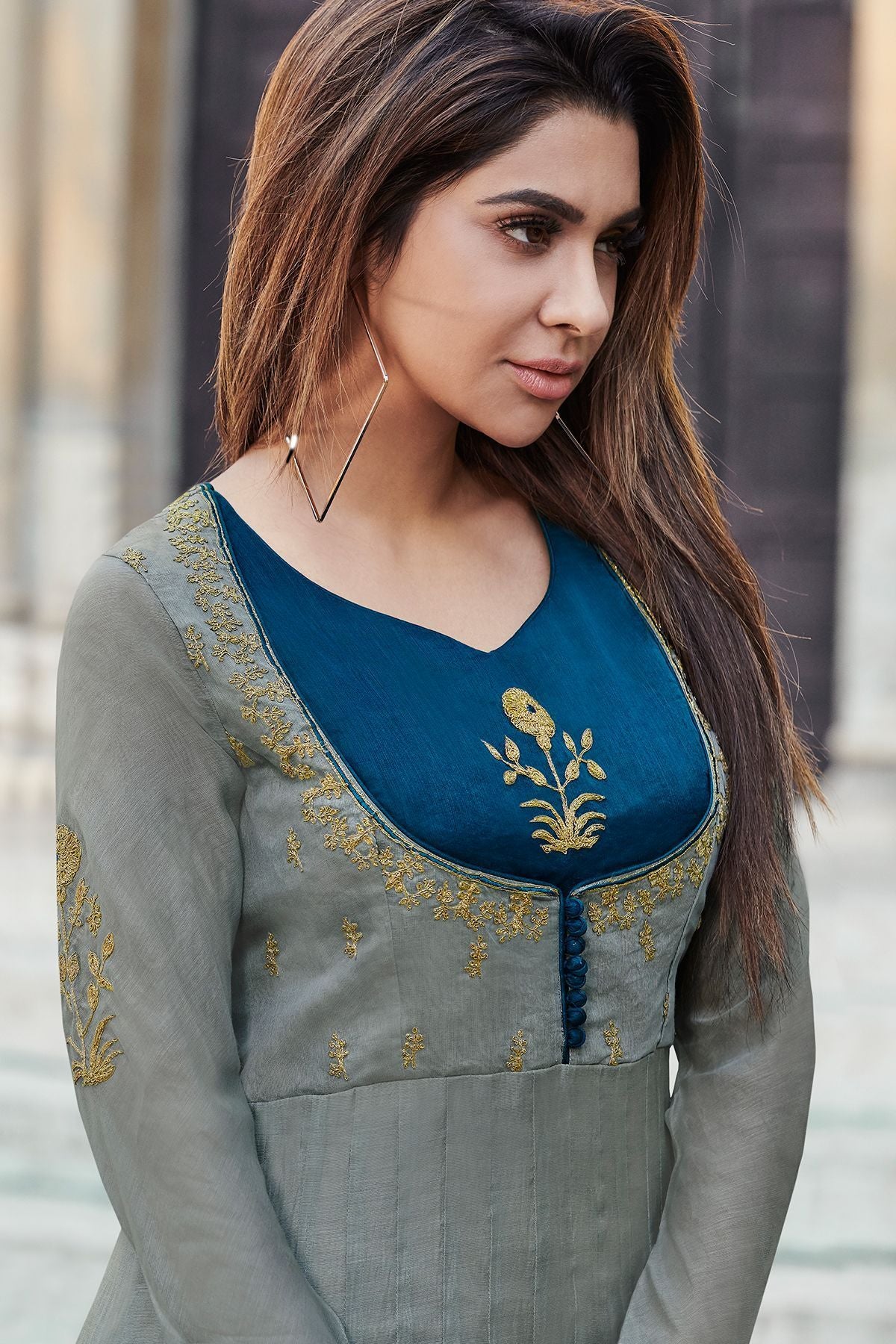 Grey Embroidered Designer Silk Gown