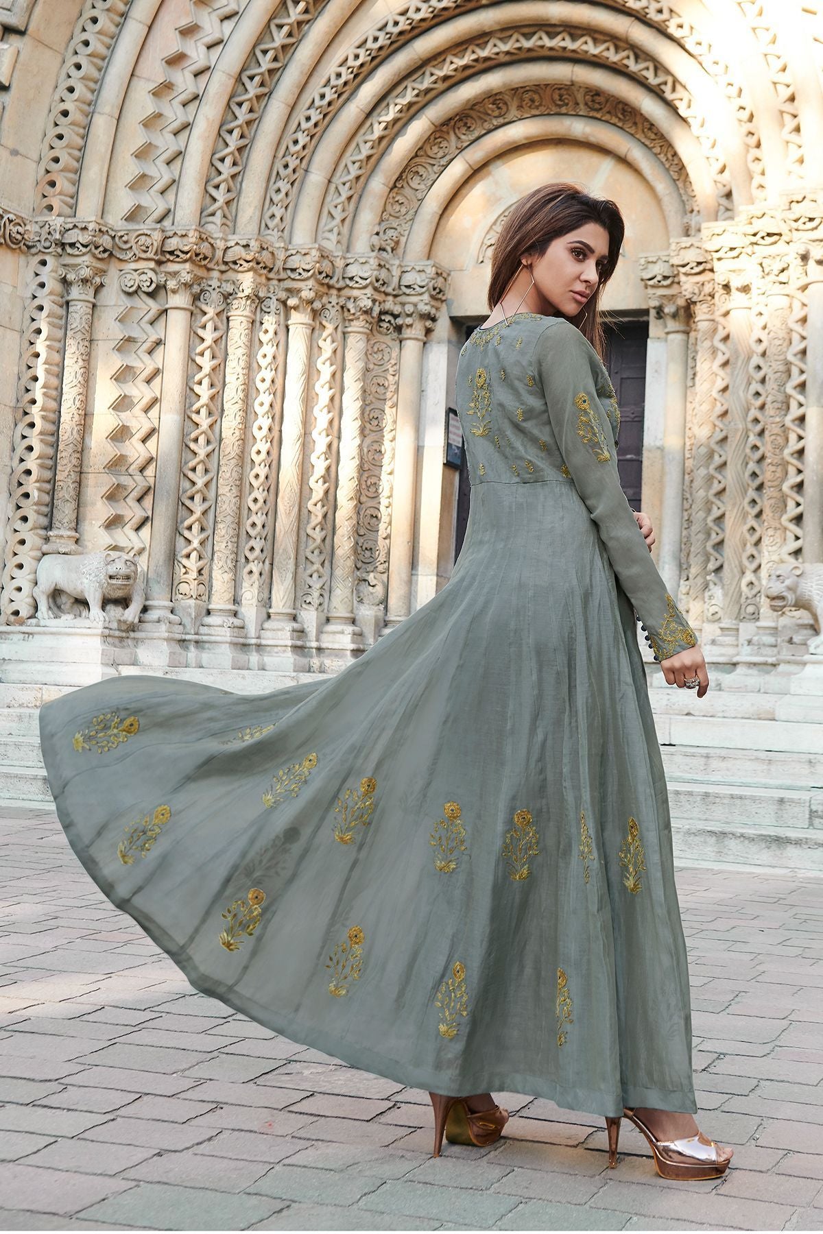 Grey Embroidered Designer Silk Gown