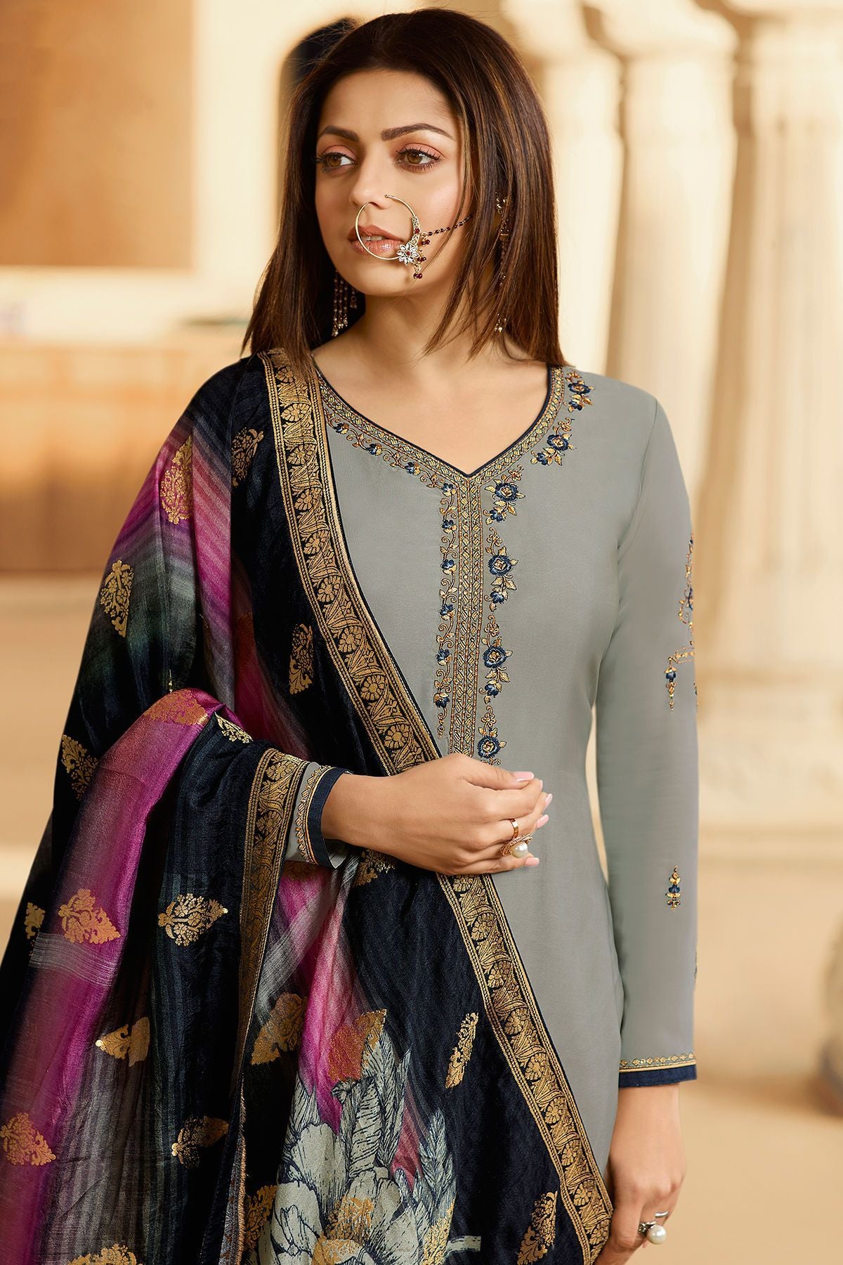 Grey Georgette Casual Straight Suit