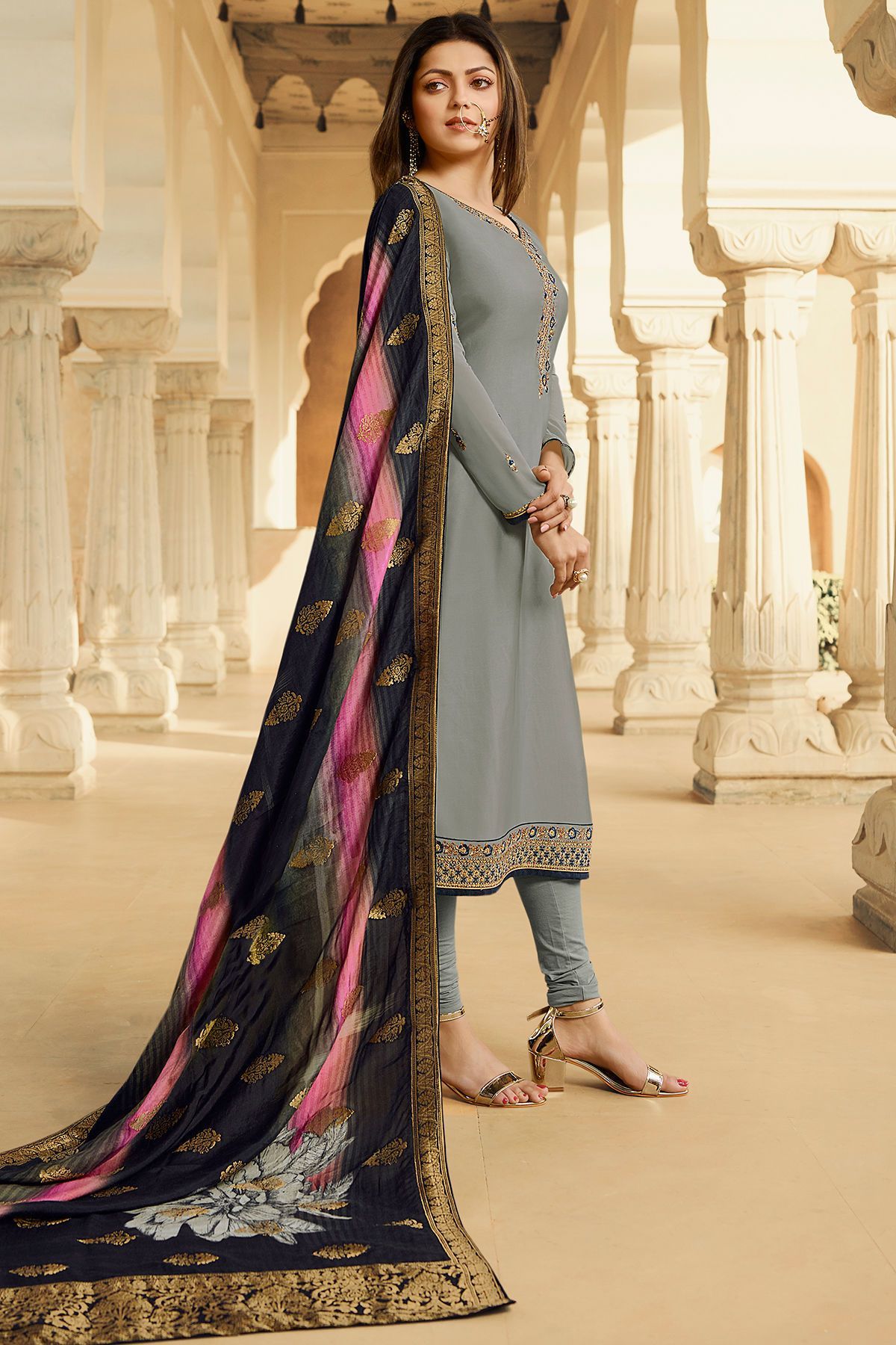 Grey Georgette Casual Straight Suit