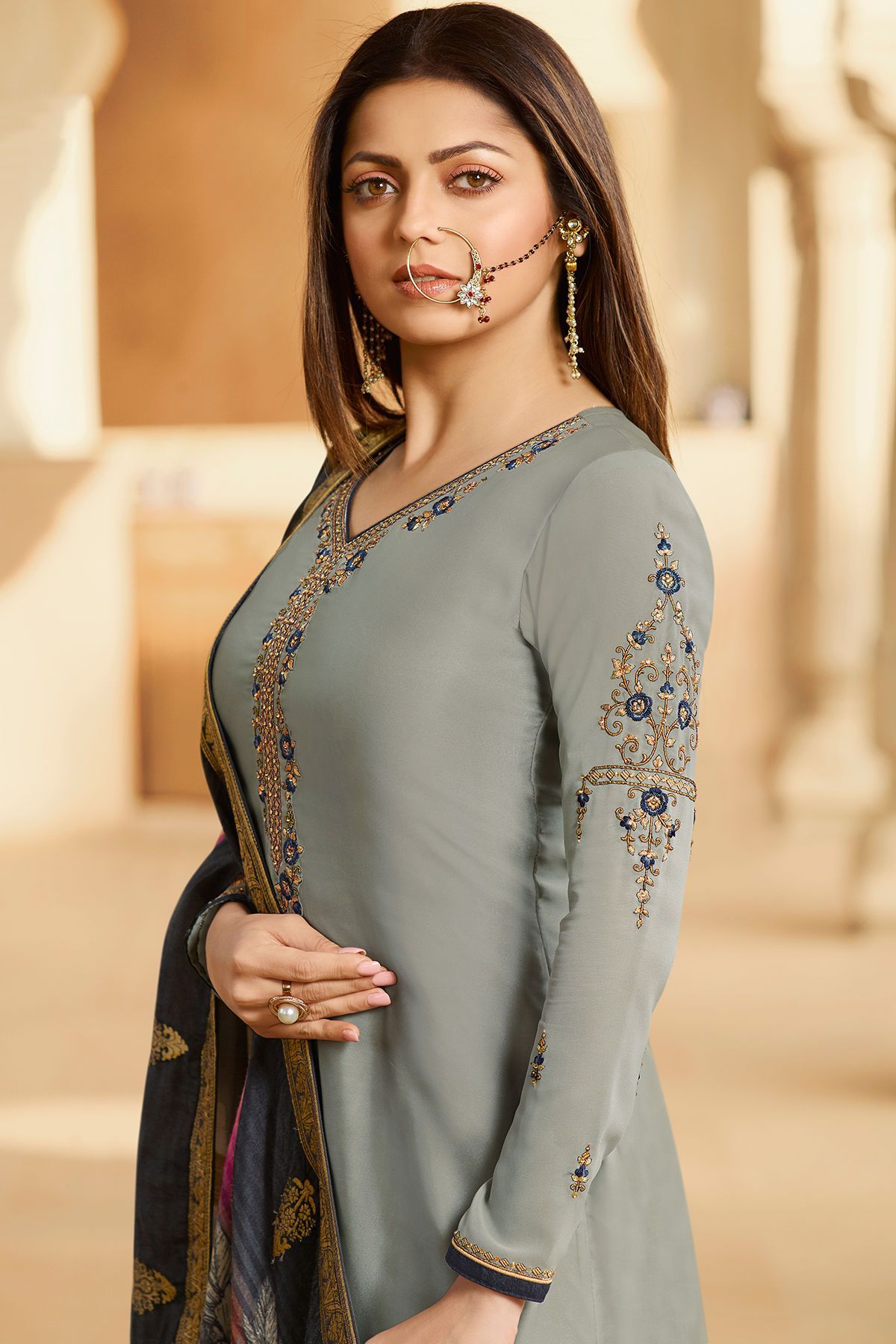 Grey Georgette Casual Straight Suit