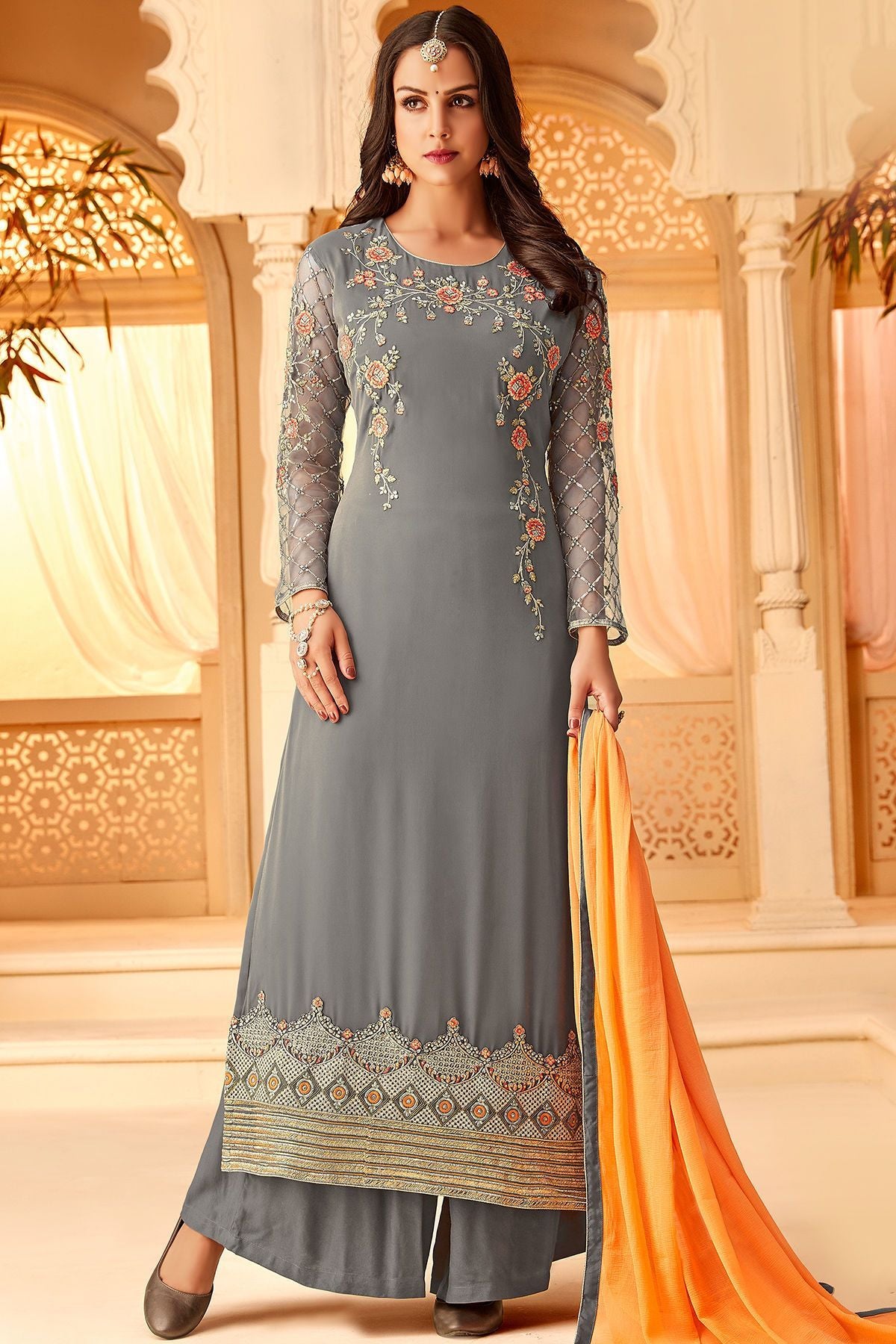 Grey Georgette embroidered Palazzo Suit