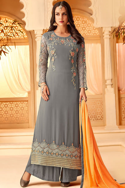 Grey Georgette embroidered Palazzo Suit
