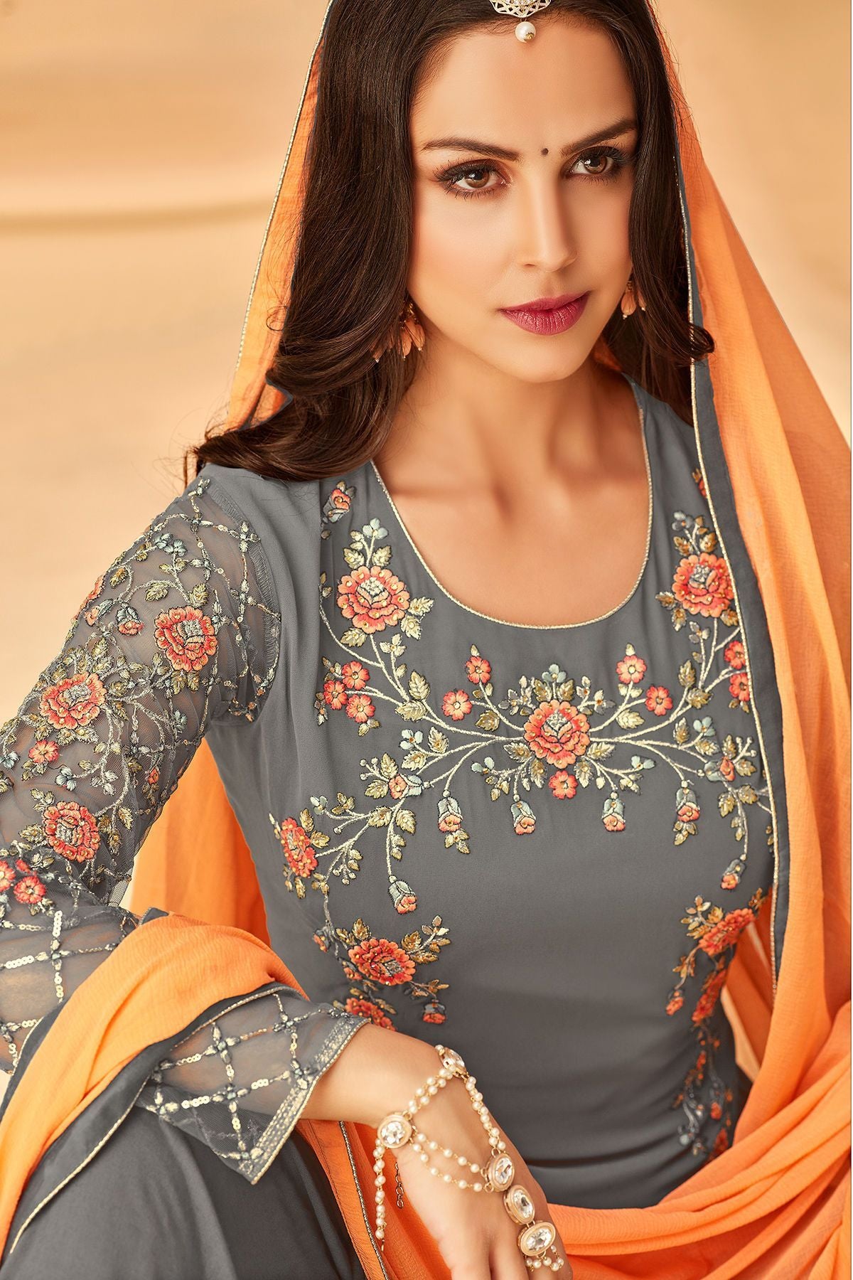 Grey Georgette embroidered Palazzo Suit