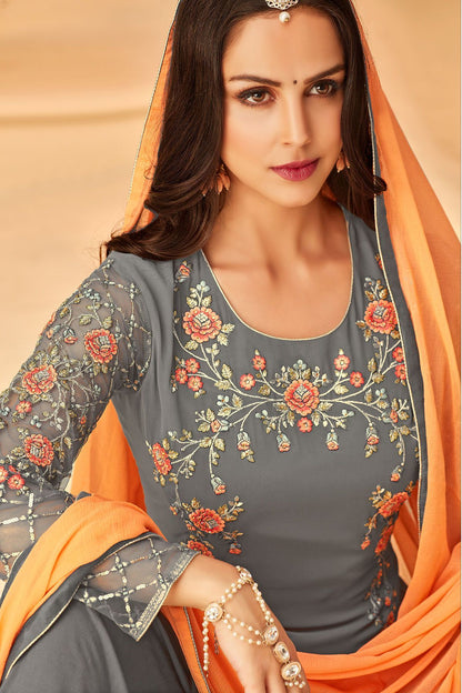 Grey Georgette embroidered Palazzo Suit