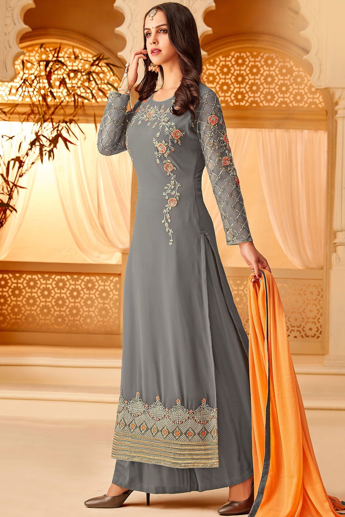 Grey Georgette embroidered Palazzo Suit