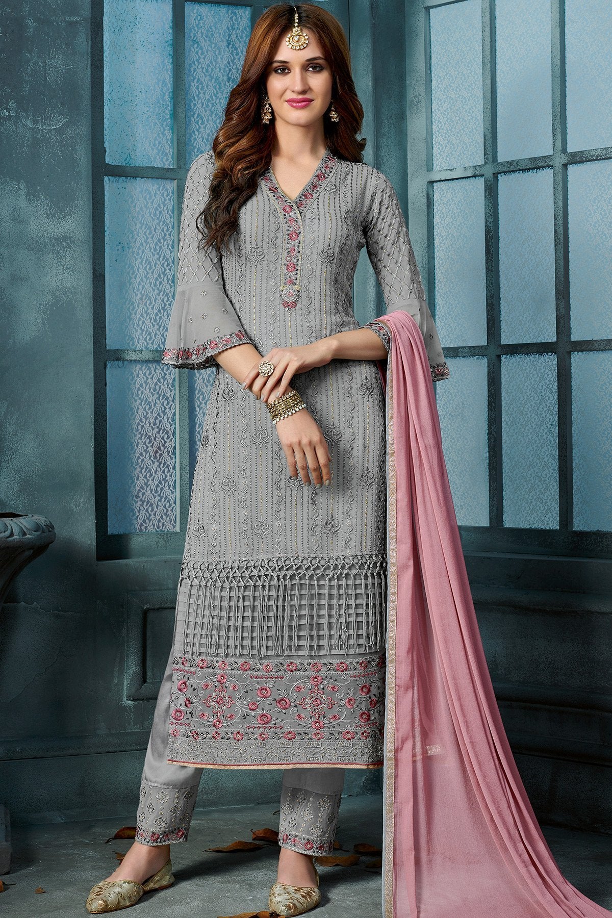 Grey Georgette Embroidered Straight Suit