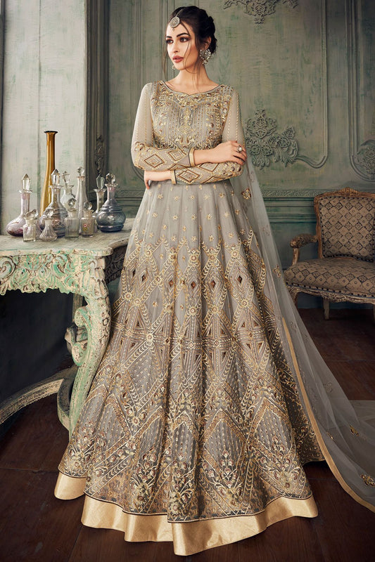 Grey Heavy Net Embroidered Party Wear Anarkali Suit