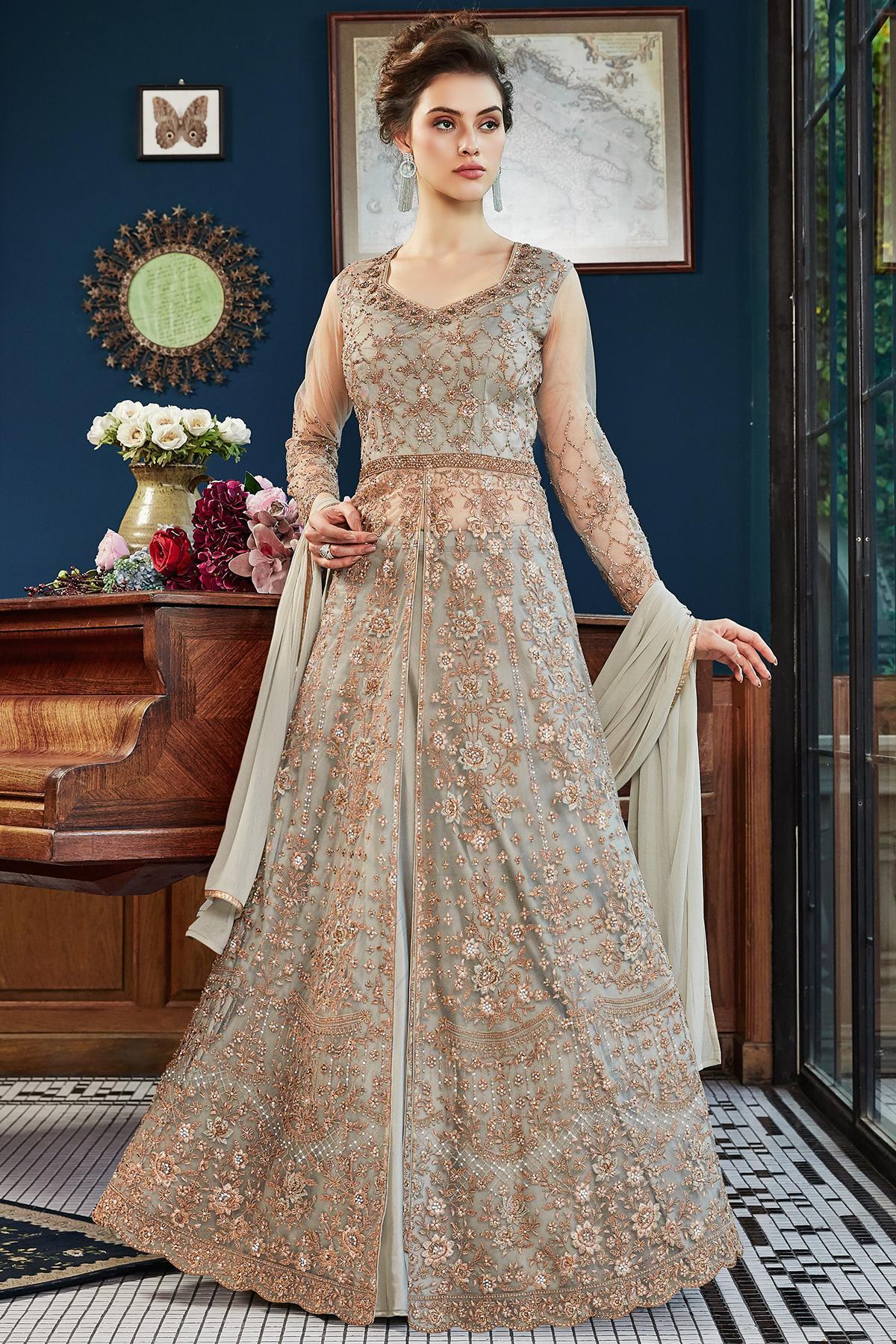 Grey Net Designer Anarkali Suit