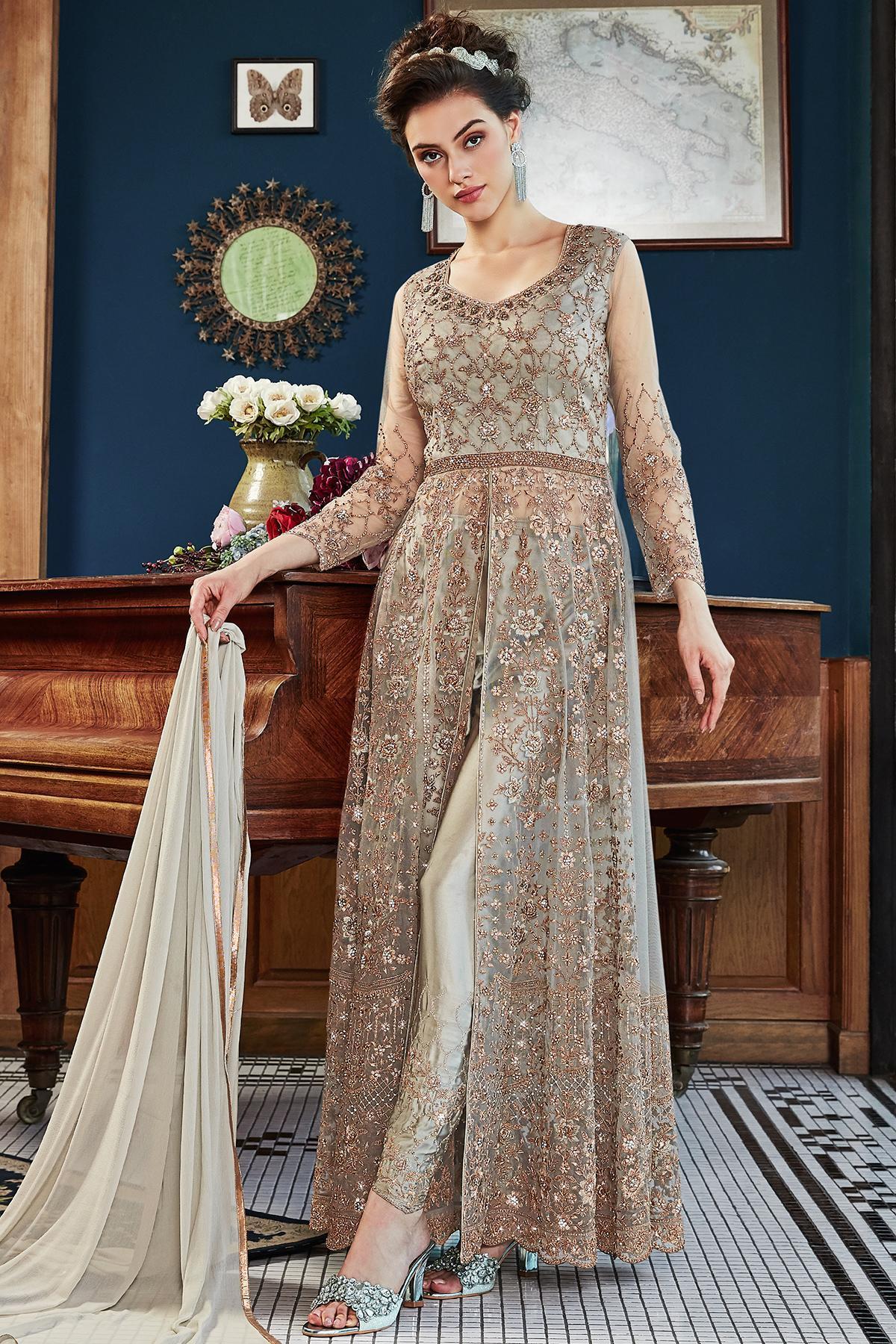 Grey Net Designer Anarkali Suit