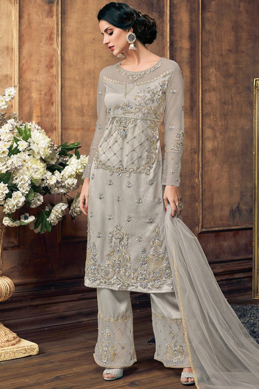 Grey Net Designer Straight Suit